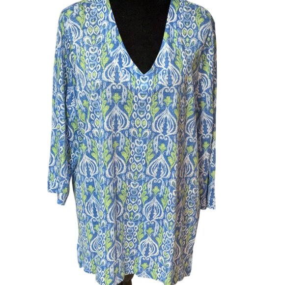 Chicos Boho Blue Multi-Color 100 Percent Linen Print 3/4 Sleeve Blouse Size 1X - Picture 1 of 8